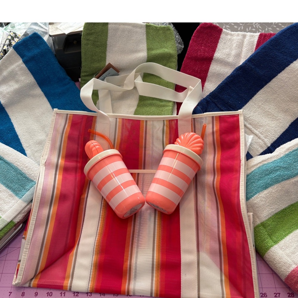 Beach Bundle Mesh Tote Bag, 2 Cabana Striped Towels, 2 Seashell Tumblers